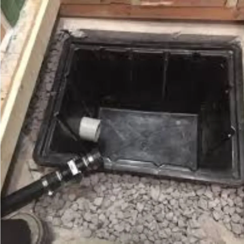 View into a sump pit with a pump and discharge pipe, suggesting sump pit cleaning services offered by Aquateam.
