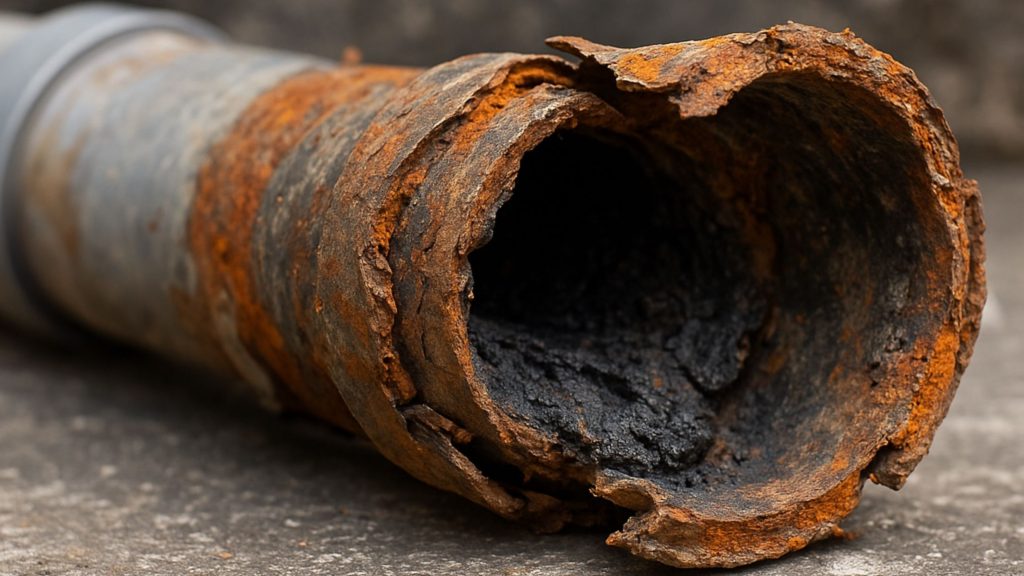 Severely corroded and broken metal drain pipe with rust and buildup visible on the interior and exterior surfaces, illustrating pipe failure.