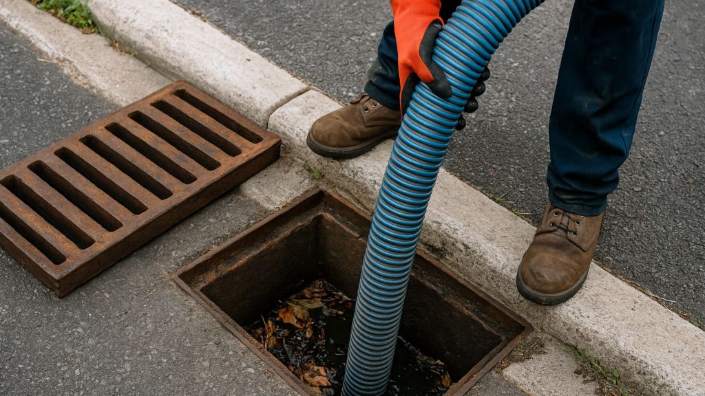 A worker using a vacuum hose to clean debris and water from a street catch basin, with the metal grate removed and placed nearby on the pavement.