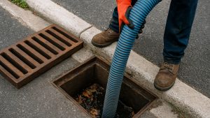 A worker using a vacuum hose to clean debris and water from a street catch basin, with the metal grate removed and placed nearby on the pavement.