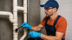 A plumber wearing protective gloves and safety glasses is using a flexible drain snake to clean a kitchen stack pipe system against a concrete and cinder block wall.