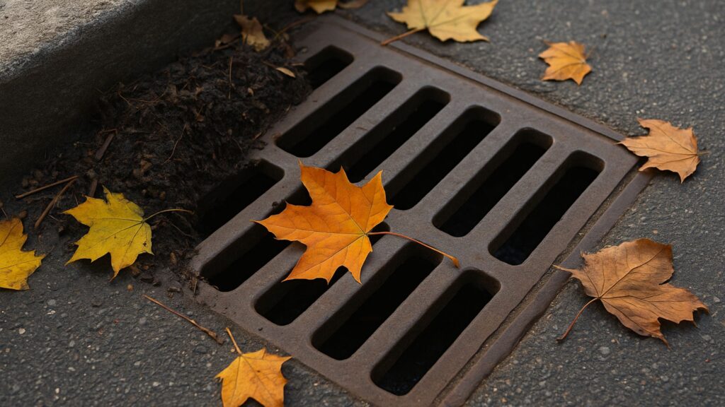 Street catch basin partially blocked by fallen autumn leaves and debris, indicating potential clogging and drainage issues.