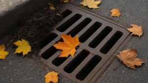 Street catch basin partially blocked by fallen autumn leaves and debris, indicating potential clogging and drainage issues.
