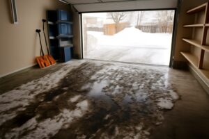 A garage floor covered in melting snow, leaving behind dirty water and grime. Snow is visible outside the open garage door, with snow shovels and plastic storage bins neatly arranged on the left.