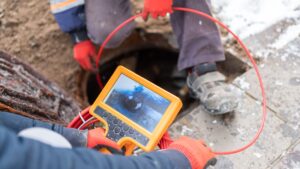 A close-up of a worker using a video inspection camera to diagnose issues in a drain pipe. The screen of the yellow device displays an image of the inside of the pipe, while the worker holds the device with red-gloved hands.