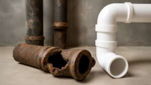 A comparison of old and new pipes. On the left, a worn-out, corroded brown pipe with a large hole; on the right, a clean, new white plastic pipe with a smooth curve.