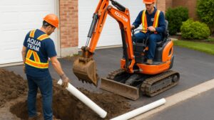 Two Aqua Team workers performing a drain pipe replacement outside a residential home—one operating an orange mini excavator and the other placing a white pipe into the trench.
