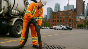 Worker in orange safety gear using a vacuum truck to clean a catch basin in a city parking lot with buildings in the background.